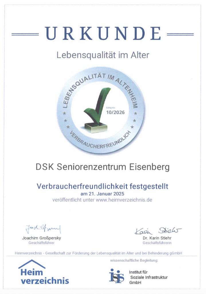 Grüner Haken für das DSK Seniorenzentrum Eisenberg